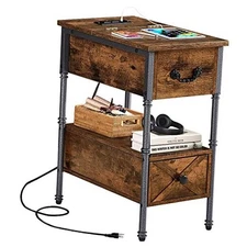  End Table with Charging Station,Narrow Flip Top Nightstand with Rustic Brown