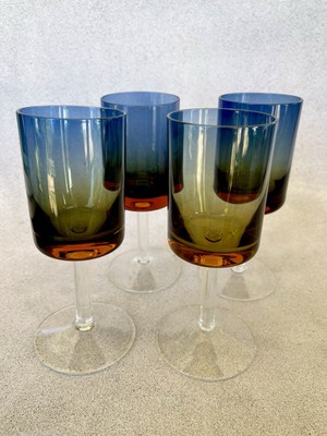 Vintage 1960s Denby Bluerina Krosno Wine Goblets Blue Amber Handblown 6  tall
