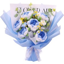 Crochet Flower Bouquet Blue Knitted Roses Artificial Wedding Anniversary Gift