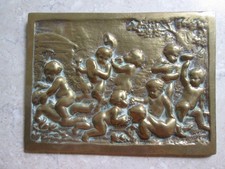 VICTORIAN BRASS WALL PLAQUE - PUTTI IN A GARDEN 19thC.