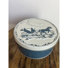 Vintage Fruit Cake Tin Blue White Horse Carriage Christmas *UNIQUE*