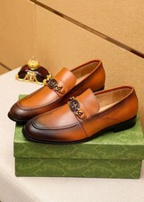 Gucci Men's Horsebit Interlocking G Loafers Brown Leather Slip On Dress Shoes