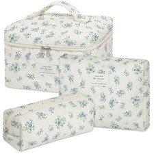 Floral Makeup Bag, 3 Pack Large Cotton Quilted Makeup Bag Set, Cute Floral Coque
