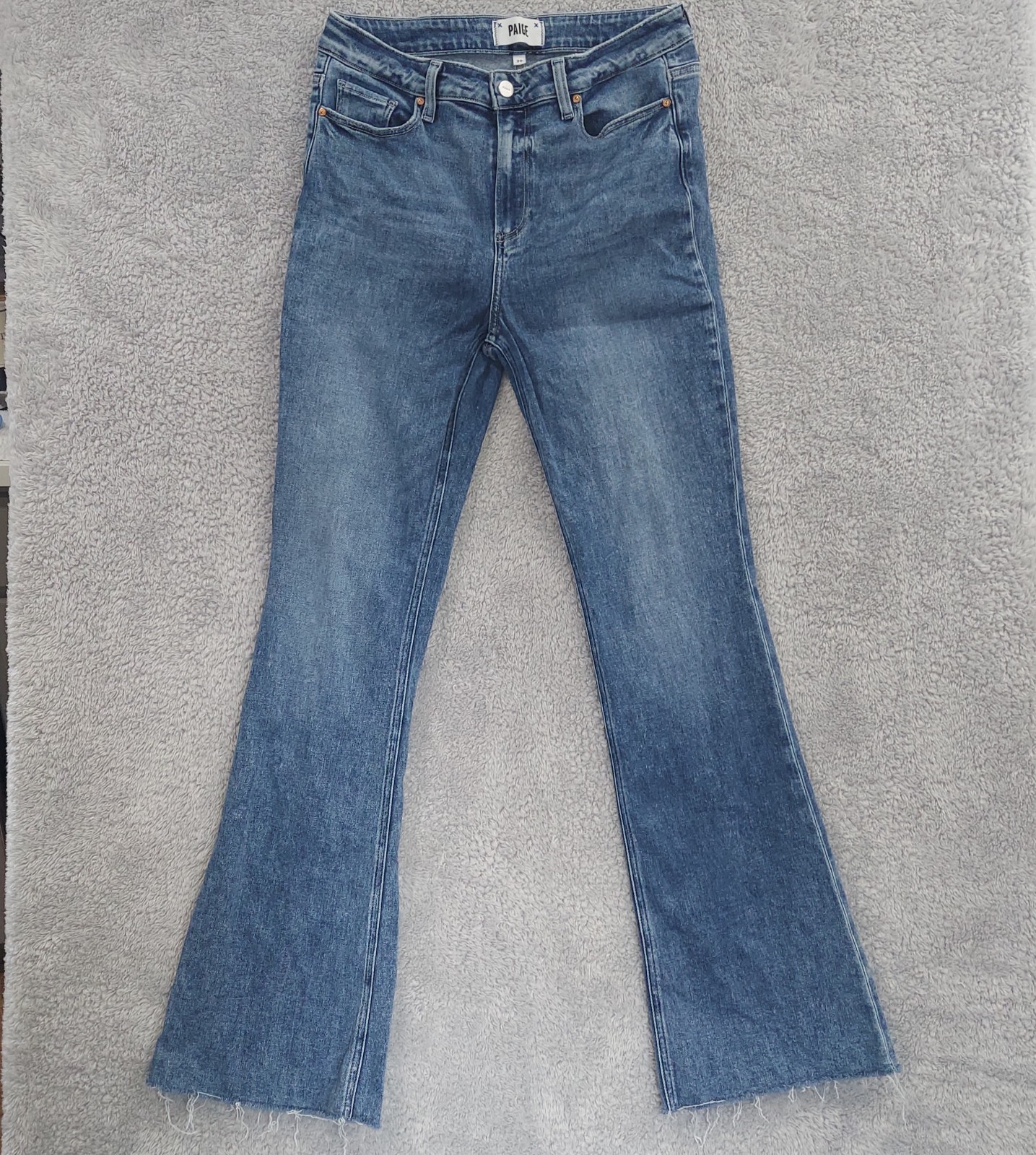 PAIGE High Rise Laurel Canyon Denim Jeans Size 29 Medium Wash Stretch Raw Hem