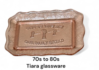 Vintage Give Us This Day Our Daily Bread TIARA Indiana Glass PINK Dish 70-80s