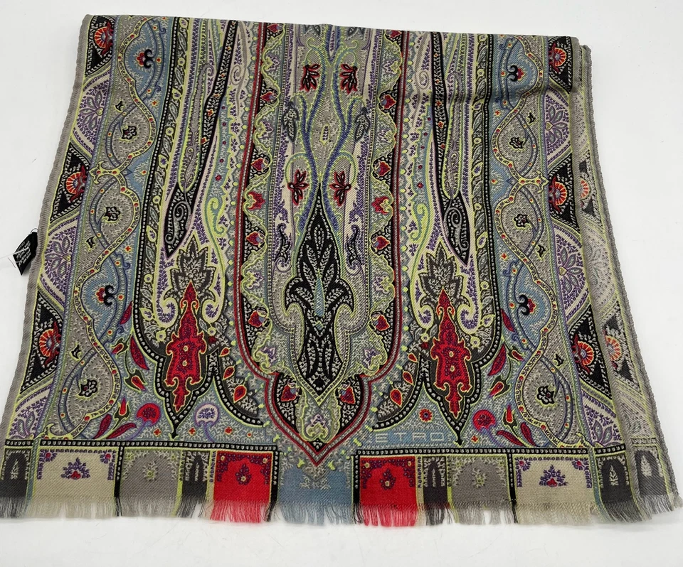 Bufanda rectangular Etro seda/lana estampado cachemir gris borde deshilachado O/S Foto 2 de 3