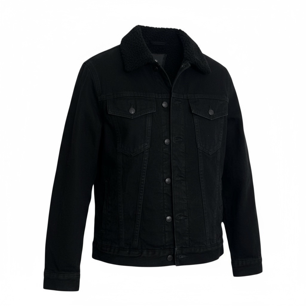 Zara Long Sleeve Lined Button Down Collared Sherpa Denim Jacket Black Size Small