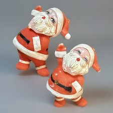 Vintage PAIR FLOCKED PLASTIC DANCING SANTA 3.5 ORNAMENT UNBRANDED