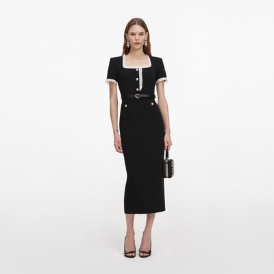 Self Portrait BLACK CREPE CONTRAST FRILL MIDI DRESS $685 Size US 6 UK 10