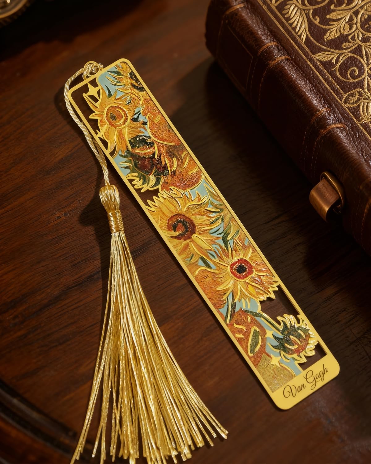 6 Pieces Metal Bookmarks with Tassel, Golden Hollow Bookmark Oil Painting Van... thumbnail 2