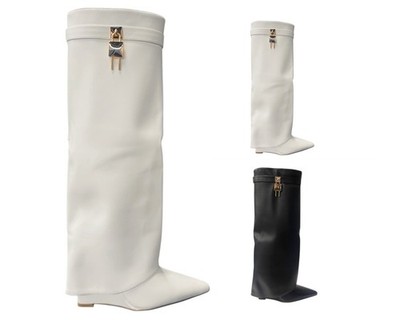 Damen Kunstleder Vorhängeschloss Kniehoch Überschlag Damen Winter Keilabsatz Stiefel