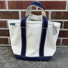 Lands End Canvas Mini Tote Bag With Key Chain Natural Navy Blue Handles 9x12