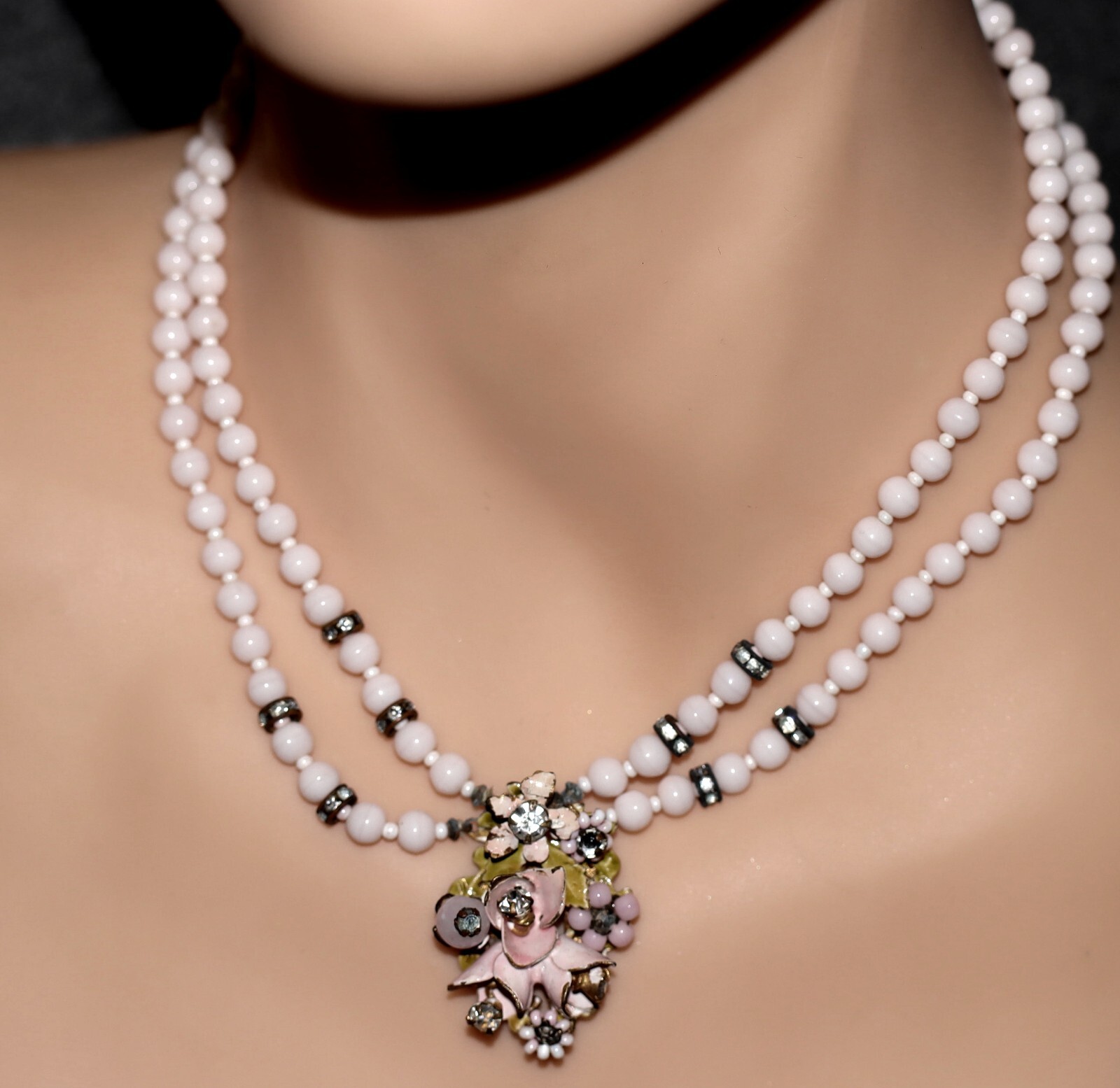 Pink Rhinestone Choker Vintage Pink beaded Rhinestones 2 strand Choker Style Flower pendant ...