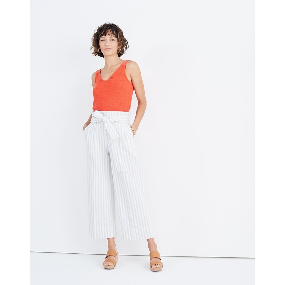 MADEWELL Ivory Blue Linen Tie-Waist Huston Pull-On Striped Crop Wide Leg  Pant XS
