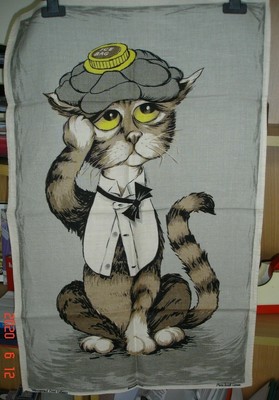 VTG 1960s PURE IRISH LINEN  DUNMOY COMIC CAT  TEA TOWEL 
