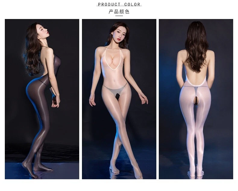 Women Sheer Shiny Glossy Bodysuit Jumpsuit Full Bodystocking Crotchless OpenBack - Image 4 of 4