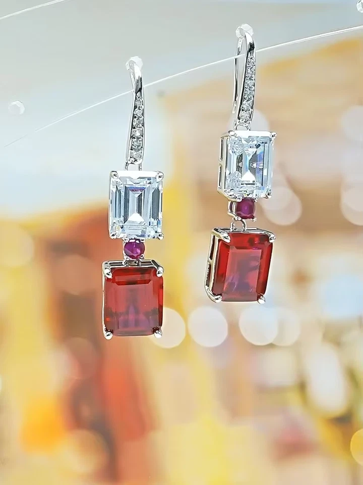 6Ct Emerald Cut Lab-Created Red Ruby Drop/Dangle Earrings 14K White Gold Plated - Image 4 of 4