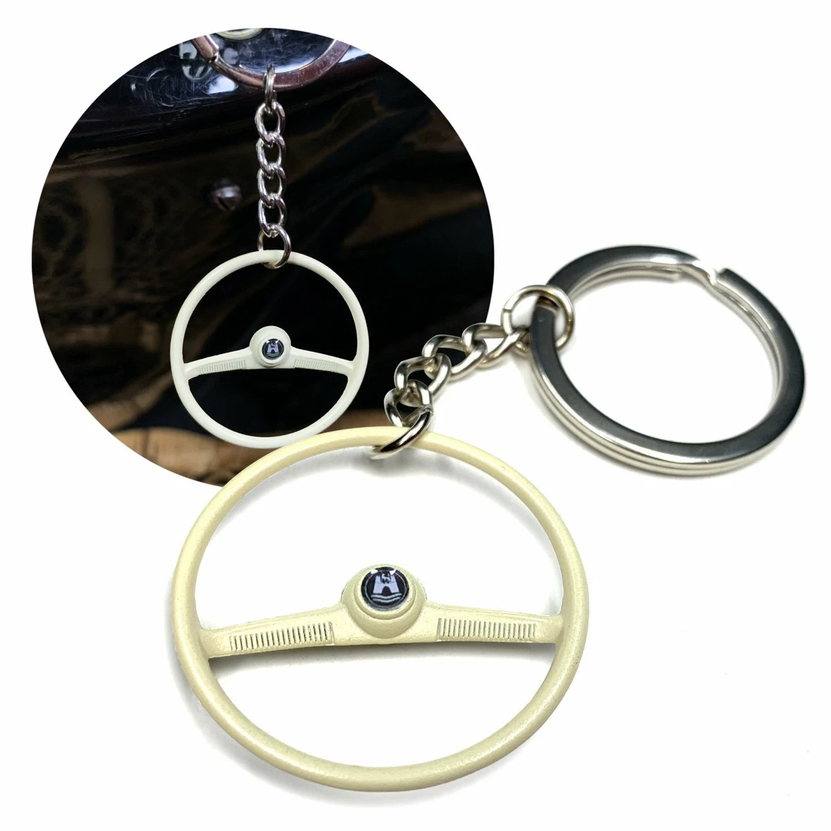 1955 59 VW Beige Offset Batwing Steering Wheel Key Chain Wolfsburg Button