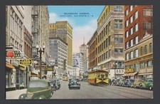 linen postcard - Telegraph Avenue, Oakland, California - old cars, cable car