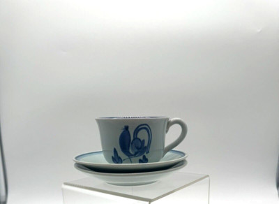 Bo Fajans Gefle Sweden Temo MCM Ceramic Blue Rooster Cup and 2 Saucers