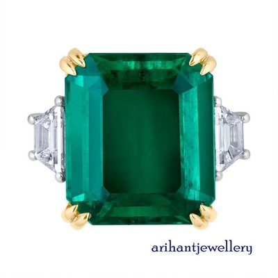 14K Two-Tone Gold Over 7CT Genuine Green Emerald Engagement Wedding 3-Stone Ring