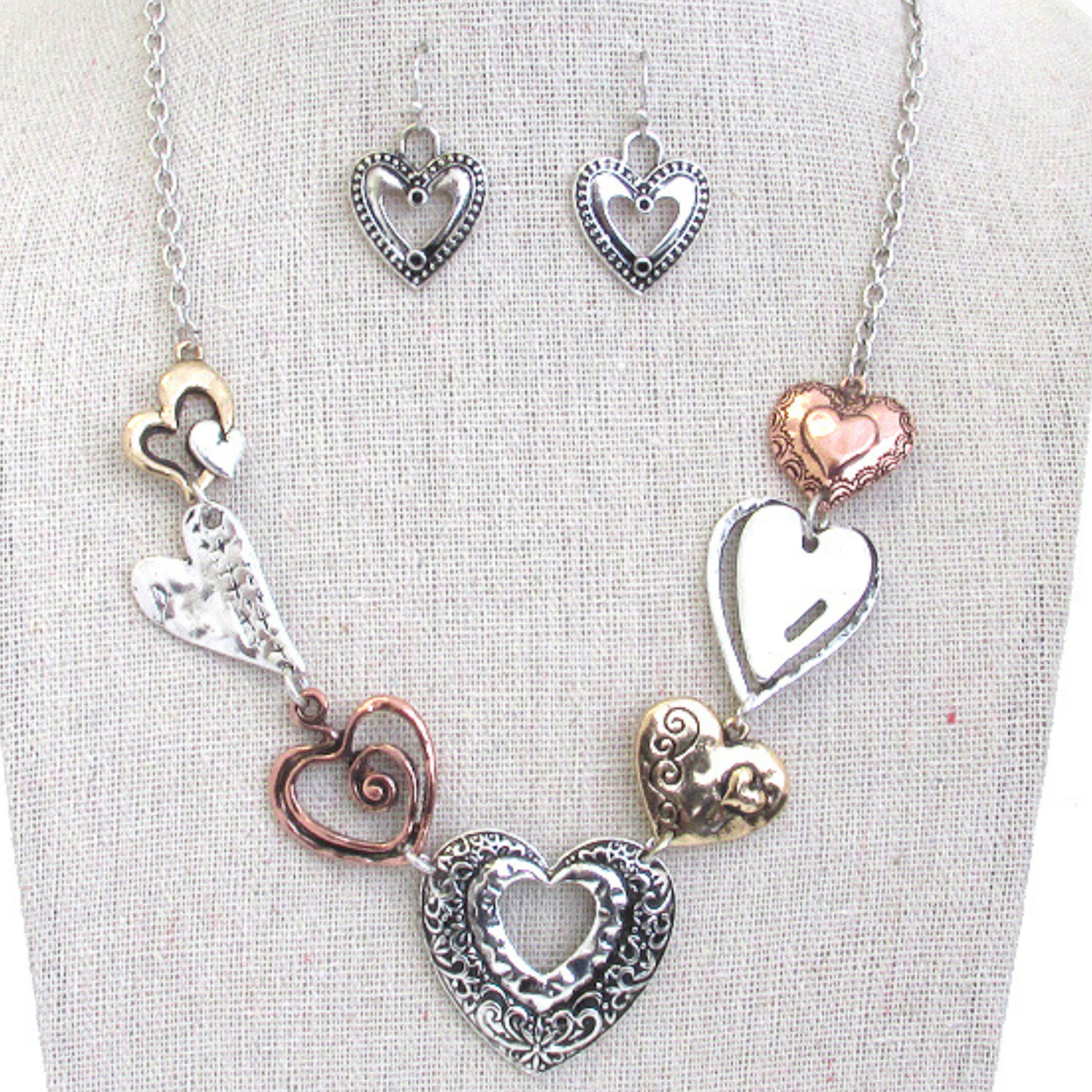 Set collana e orecchini maglia cuore rustico vintage argento e oro