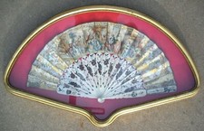 Beautiful 1800s Hand Painted Fan Gold Gilding in Wood/Glass Case