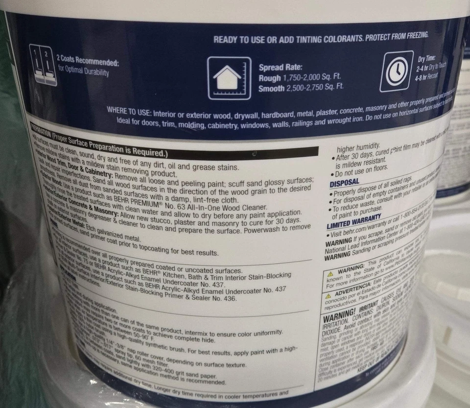 Behr 5 gal. White Urethane Alkyd Semi-Gloss Enamel Interior Exterior Paint Trim - Image 4 of 4
