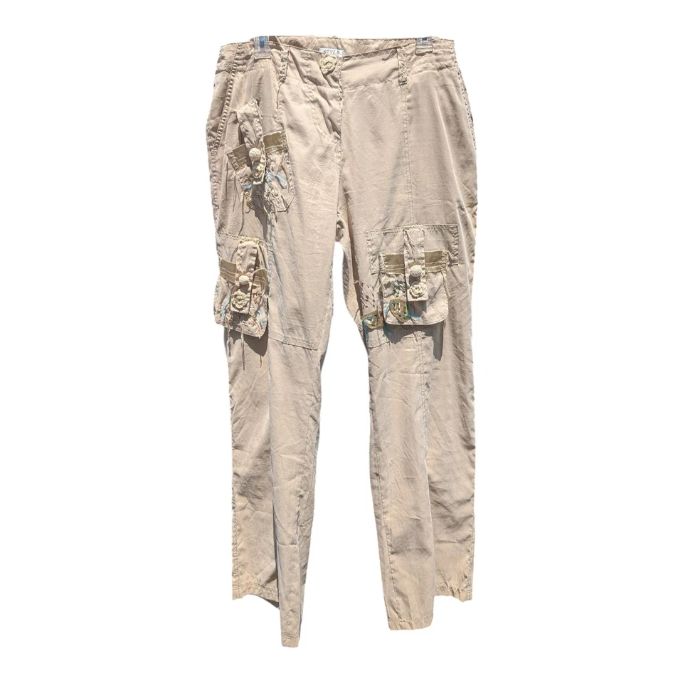 Style Bohemian Cargo Pants Button Fly Embroidered Women's 8 Slash Pockets Unique - Image 2 of 4