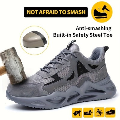 Men Safety Toe Work Shoes Grey Boots Breathable Non-Slip Steel Toe Sneakers