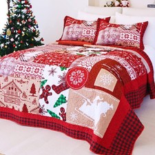 Queen Size Quilt Christmas Theme Bedding Set with Pillow Shams Reversible Red...