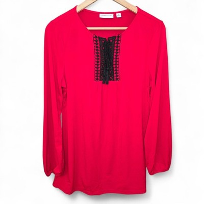 Susan Graver Top Womens Medium Red Liquid Knit Lace Up Blouse Stretch Casual