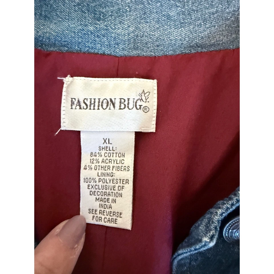 VTG Fashion Bug Women Patchwork Denim Jacket Burgundy Velvet Paisley Boho XL - Image 2 of 4