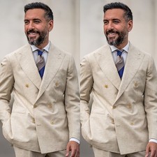 Linen Men's Suit Beige Peak Lapel Wedding Tuxedos Summer Beach Casual 2Pieces