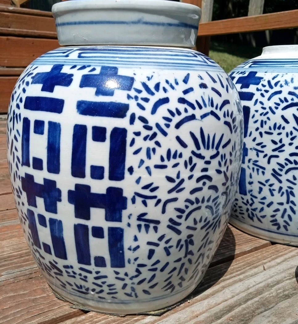 Pair 10" Chinese White Blue Old Double Happiness Ginger Jars Urns Lids Perfect