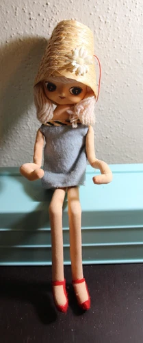 1960’s Bradley Pose Doll Big Eyes 13” Blue Mini Dress Vintage Japan