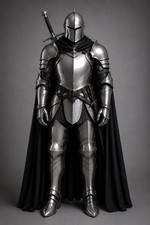 Medieval Knight Armor Full Suit   Handmade Steel Plate Armor with Black Cape  S