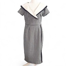 Vintage Black White Gingham Collared Midi Dress S/M Retro Pinup