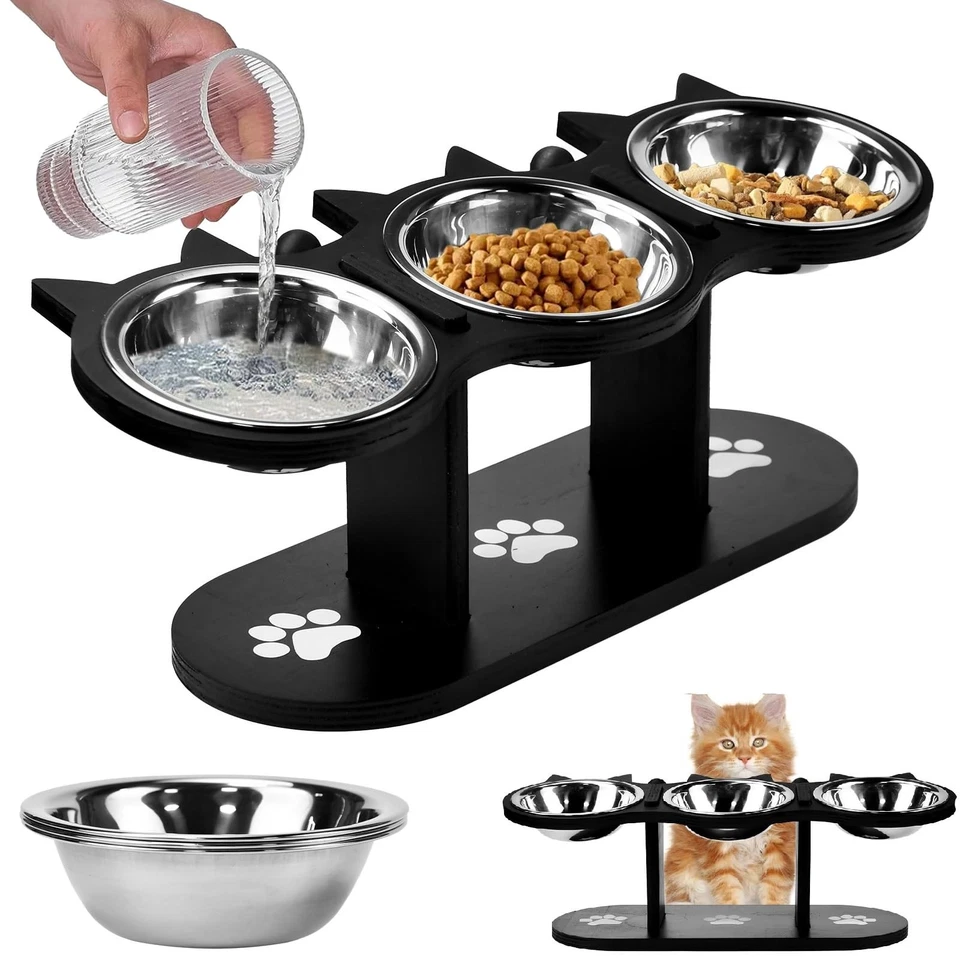 3er Futterstation Katzennapf Futternapf Fressnapf Wassernapf Erhöht Katze Holz