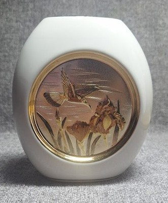 Signierte japanische Chokin Kunst Vase, erhabenes Gold & Kupfer Metallarbeiten, Kolibri.