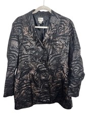 Chico s Size 2 Blazer Jacket Black Metallic Animal Print Button Front Career
