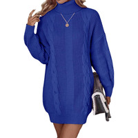Damen Strickkleid Pulloverkleid Rollkragen Mini Warm Weich Blau L