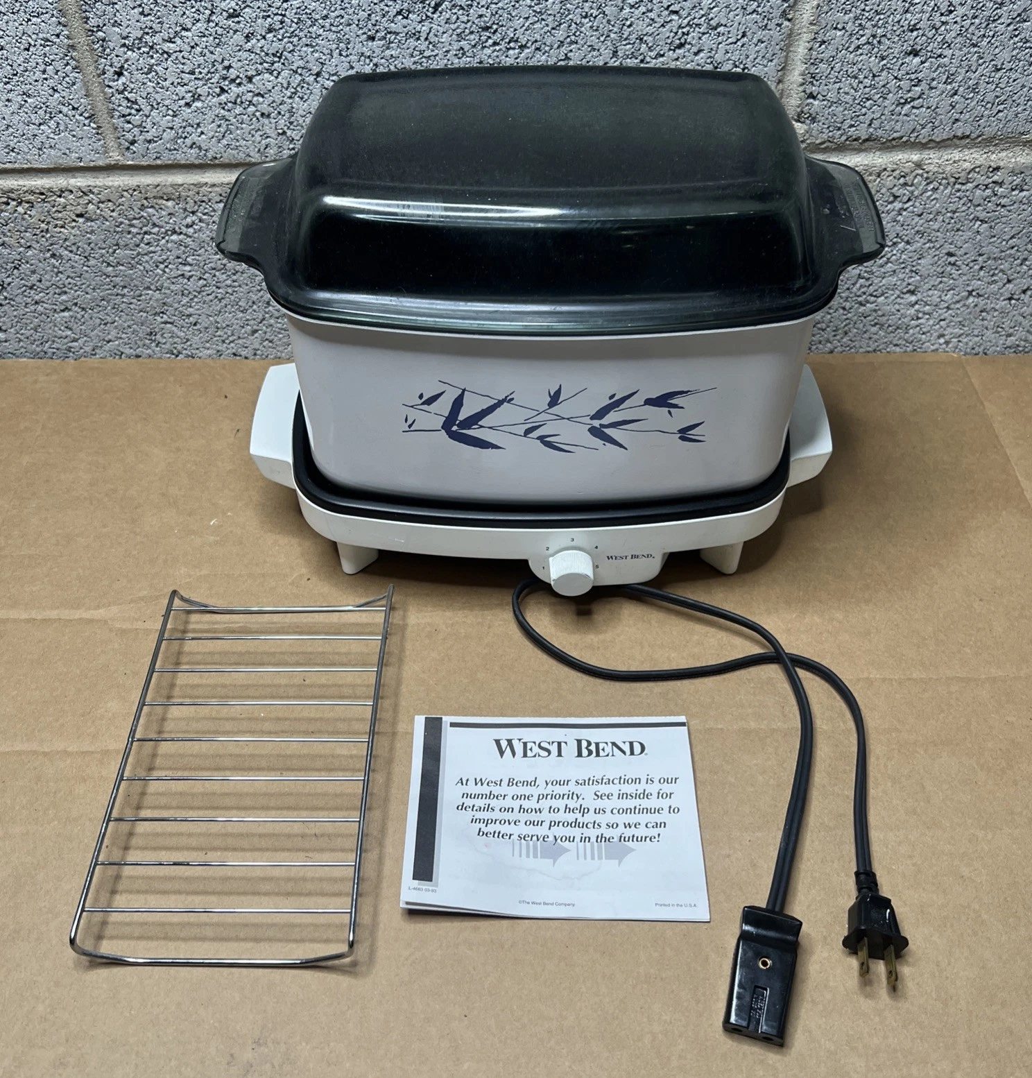 Vintage West Bend 6Qt Slow Cooker Hot Plate, Blue Bamboo Pattern Pot & Glass Lid