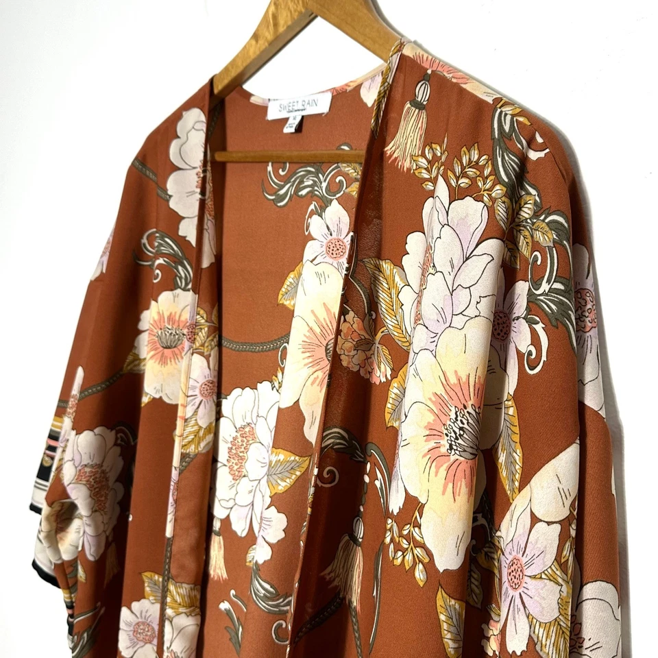 Cárdigan Kimono Sweet Rain Para Mujer XL Marrón Floral Boho Frente Abierto Ligero Foto 4 de 4