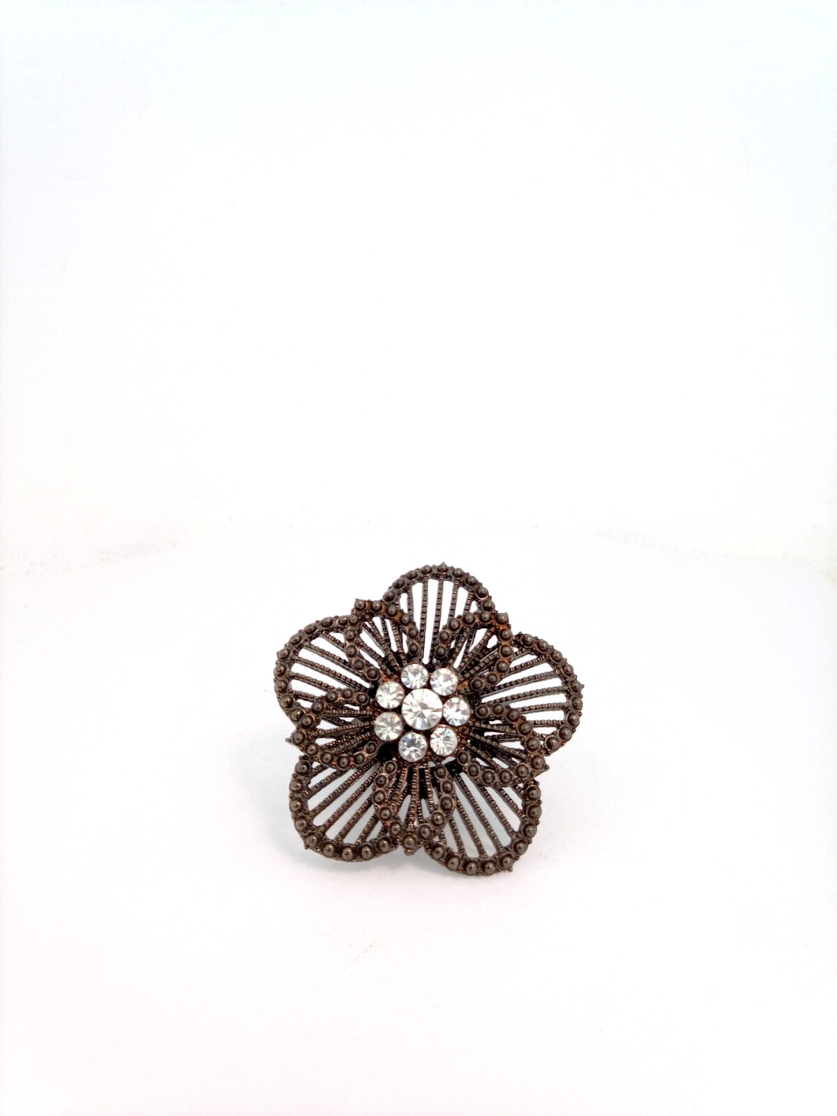VTG Flower Rhinestone Statement Ring Large Bronze… - image 3