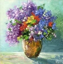 Original Oil Painting Lilac Flowers in Vase Floral Still life Small Fine Art