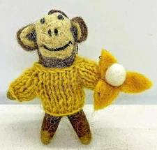 Primitive Folk Art Handmade Felted Wool Monkey with Banana in Sweater Ornament