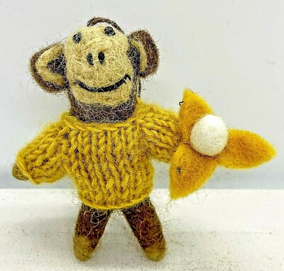 Primitive Folk Art Handmade Felted Wool Monkey with Banana in