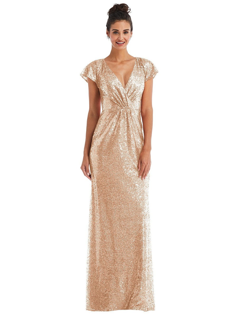 Cap Sleeve Wrap Bodice Sequin Maxi Dress...TH056...Copper Rose...Size 16 Long