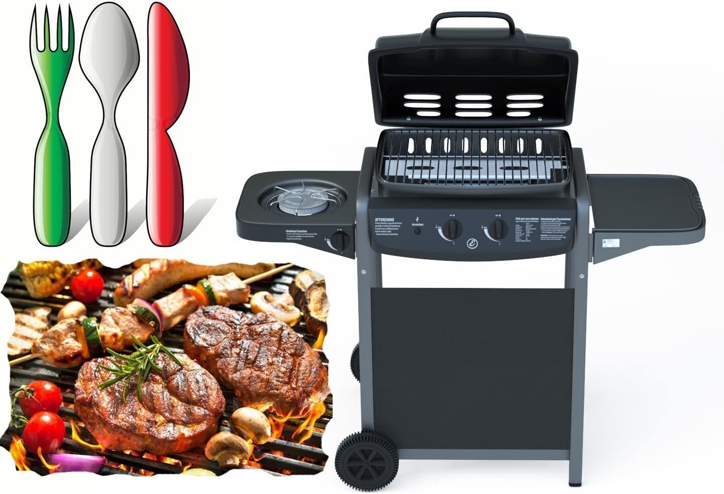BBQ a Gas Professionale con Coperchio e Bruciatore Laterale - Grill Top